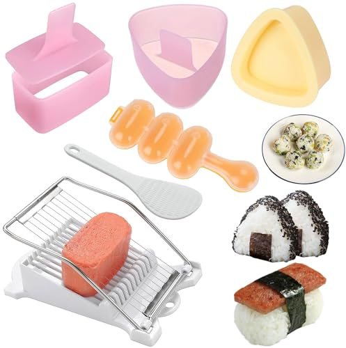 Zuaklpton Juego de 6 moldes para hacer spam muusbi (antiadherente) con kit de cortador de carne para almuerzo, batido de sushi, bolas de arroz, molde de onigiri, herramienta para hacer sushi, cortador