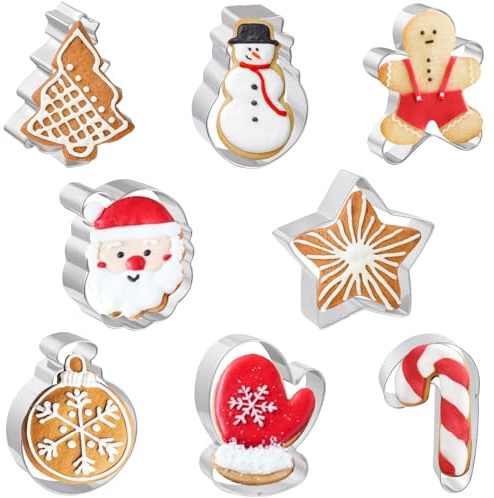 JOB JOL Christmas Cookie Cutters 8 PCS, 3'' to 3.5'', Santa Face, Christmas Tree, Gingerbread Man, Snowman, Candy Cane