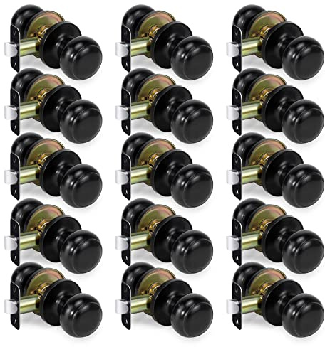 LOQRON Pomo de puerta de paso, cerradura de puerta interior sin bloqueo, paquete de 15 manijas redondas para pasillos laterales derecho e izquierdo, pomos de armario, herrajes sin llave, negro mate