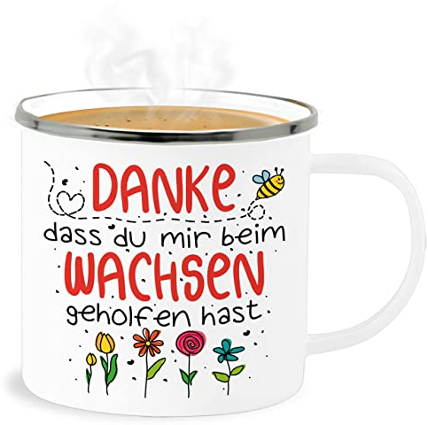 Emaille Becher Blechbecher - Tassen - Danke dass du mir beim Wachsen geholfen hast - Abschied Erzieher Erzieherin - 300 ml - Weiß Silber - für kindergärtner bee tasse beruf und job geschenke kita