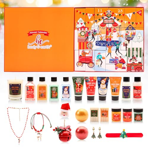 BODY & EARTH Adventskalender 2025 für Frauen, Weihnachtsgeschenke, 24PCS Weihnachtsbad Sets mit Geschenkbox, 2 Weihnachtsbaum Ohrringe, Bubble Bad etc., Weihnachtsgeschenke für Frauen
