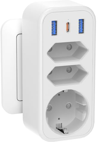 6 in 1 Mehrfachstecker Steckdosenadapter mit 1 PD20W USB C, 4000W/16A 3 Fach Mehrfachsteckdose mit 3 USB Steckdose Steckdosenleiste, STGAROT Verteilersteckdose USB C Steckdosen Ohne Kabel Outlet