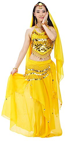 Rubruan Belly Queen Costume de Danse du Ventre - Robe de Danse Orientale Arabe Sexy Ensemble de Vêtements Professionnel Multicolore pour Danseuse Femme - Chiffon - Lot de 5, jaune, taille unique