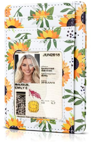 Teskyer Women Card Holder Wallet, Slim Credit Card Wallets, Minimalist, RFID Blocking, 1 ID Window, Holds up to 8 Cards, Sunflower