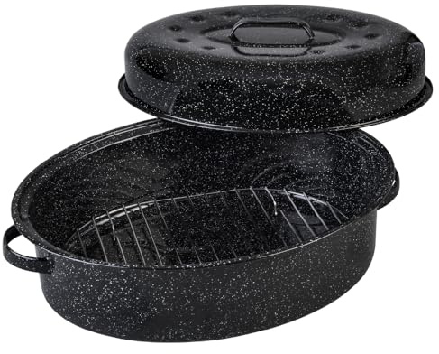 Granite Ware 19 inch oval roaster with Lid, V Rack included (Speckled Black) - design to accommodate up to 20 lb poultry/roast. Resists up to 935°F