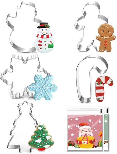 Large Christmas Cookie Cutters - 5 pieces 3.2'' Holiday Cookie Cutters Shape - Christmas Tree, Gingerbread Man, Snowflake, Snowman, Candy Shapes for Christmas Food Party Decorations