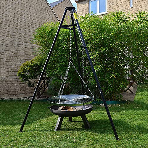 Brasero de camping avec trépied suspendu – Filet de barbecue portable en acier inoxydable et barbecue au charbon de bois, pour la cuisson au feu de camp – Cheminée extérieure et chauffage de terrasse,