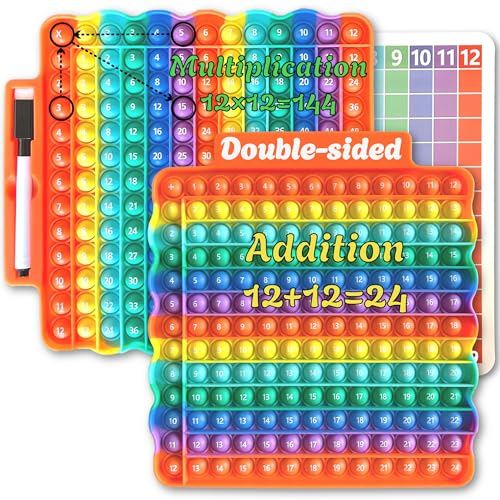 Times Table Poppet 12x12 12+12 Multiplication Addition Tables for Kids Multiplying Pop It Push Bubble Math Game, Number Sensory Fidget Popper with Erasable Chart & Marker