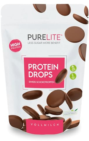 PURELITE Protein Drops milk chocolate vegetarian, High Protein 26g/100g, chocolate drops with no added sugar, erythritol & stevia, low calorie, for snacking, baking & melting, couverture, 450g.