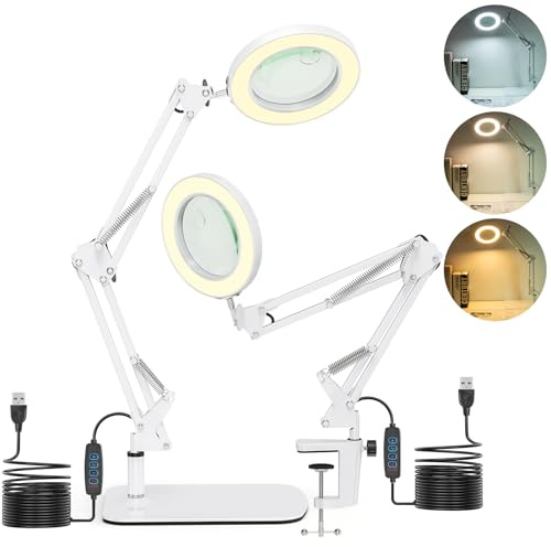 Proaustin Lupa 2 en 1 con luz y soporte, lámpara de aumento LED de 15 x 10 aumentos con abrazadera y base, lámpara de lupa de escritorio con 3 modos de color para manualidades, reparación, lectura