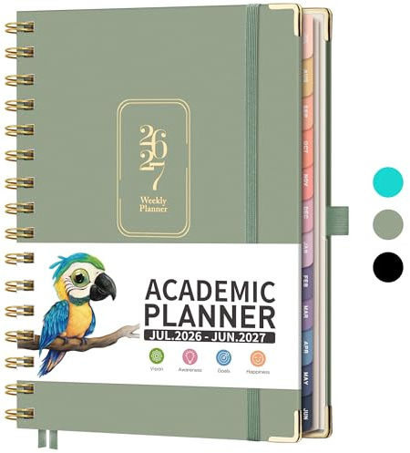 RETTACY Academic Planner 2026-2027, Weekly and Monthly, July 2026 - June 2027, Medium Size (5.7 x 8.3), Calendar, Agenda, 12-Month Tabs, Hardcover, for Student, Teacher, School (Light Green)