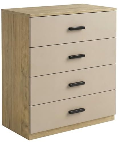 Blisswood 4 Drawer Chest of Drawers, Modern Bedroom Storage Cabinet with Smooth Metal Runners, Wooden Dresser for Bedroom, Living Room & Hallway, 70W x 40D x 80H cm (Oak+Cashmere)