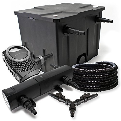 SunSun Kit complet: CBF-350 Filtre de bassin jusqu'à 12000 L Biologique, CTF-8000 pompe de filtration 8000l/h 70W, CUV-218 lampe uv UVC Clarificateur avec 18W, 25m Tuyau 25 mm, Y-distributeur