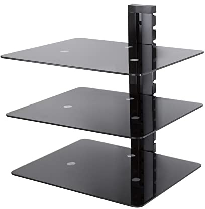 mahara Black Glass Floating Shelves - Three Tier Shelf Unit with Tempered Glass and Black Cable Management - For TV,AV & Gaming - 38cm x 28cm - 10Kg Max