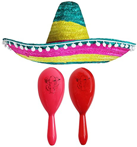 Mexikansk underbar klänning tillbehörsset – Mexikansk SOMBRERO med Maracas – (flerfärgad POM SOMBRERO + rosa och röd maracas)