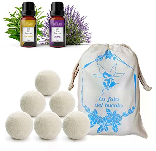Balles pour sèche-linge en laine, 6 balles pour sèche-linge Anti-pliage avec 2 huiles essentielles Lavande et Tea Tree, Balles de Laine pour sèche-linge avec parfum pour le Bucato Luminer