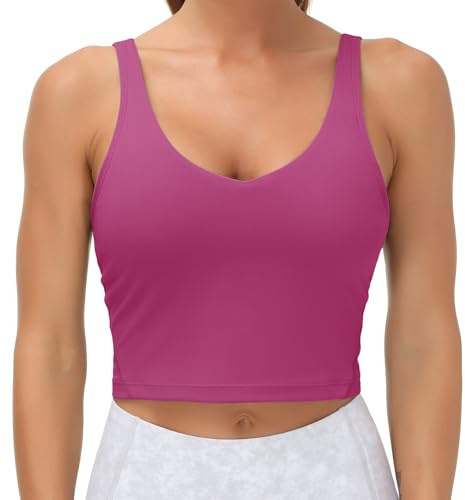 Women’s Longline Sports Bra Wirefree Padded Medium Support Yoga Bras Gym Running Workout Tank Tops(Fuchsia, Small)