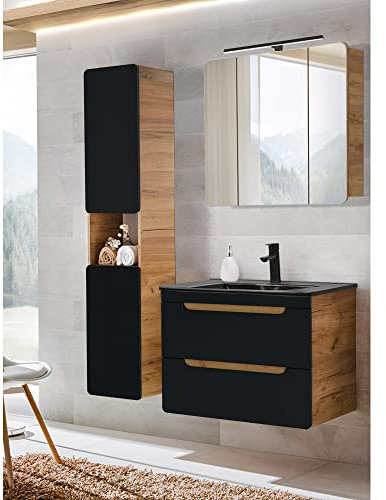 Lomadox Badmöbelset in seidenmatt anthrazit mit Wotan Eiche Nb. mit 81 cm Keramik Waschtisch, Waschbecken Unterschrank, LED-Spiegelschrank und Hochschrank