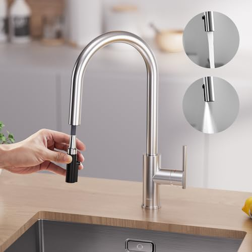CECIPA Rubinetto Cucina Estraibile, Miscelatore Cucina con Getto Due Tipi Getto D'acqua, Inox Spazzolato Miscelatore Monocomando Girevole a 360°