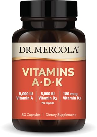 Dr. Mercola Vitamins ADK, 30 Servings (30 Capsules), Dietary Supplement, 5000 IU Vitamin A & Vitamin D3, 180 mcg Vitamin K2, Supports Immune Health, Non GMO
