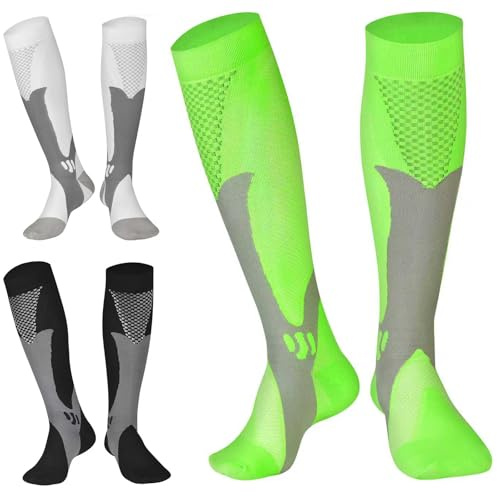 Kompressionssocken (3 Paar) für Männer Zirkulation 20-30mmHg Medizinische Kompressionsstrümpfe Frauen Stillen (Schwarz + Weiß + Grün, XXL)