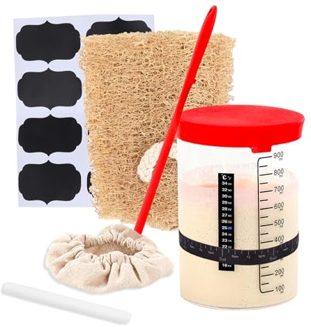 Longzhuo Sourdough Starter Kit with Thermometer, 1000ml Premium Sourdough Starter Jar Glass, Sourdough Bread Starter Glass Jar with Spatula, Reusable Wide Mouth Sourdough Jar for Fermentation