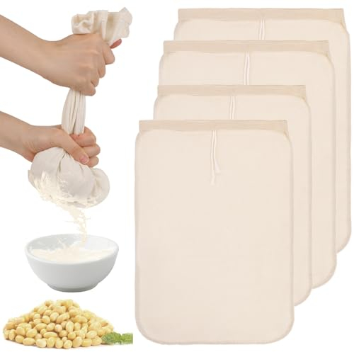 4 Stück Nussmilchbeutel Passiertuch Wiederverwendbar 25x35cm,20x30cm Passiertuch mit Kordelzug Wiederverwendbar Käsetuch Feinmaschiges Filtertuch für Nussmilch Käse Kaffee Joghurt Fruchtsaft