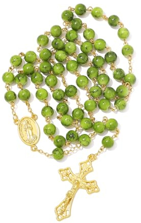 KMIMO - Collar rosario de perlas de cristal con medalla de Nuestra Señora de Lourdes y crucifijo, rosario de oración católica de 8 mm para mujer con bolsa de rosario, 76 centimeters, Vidrio