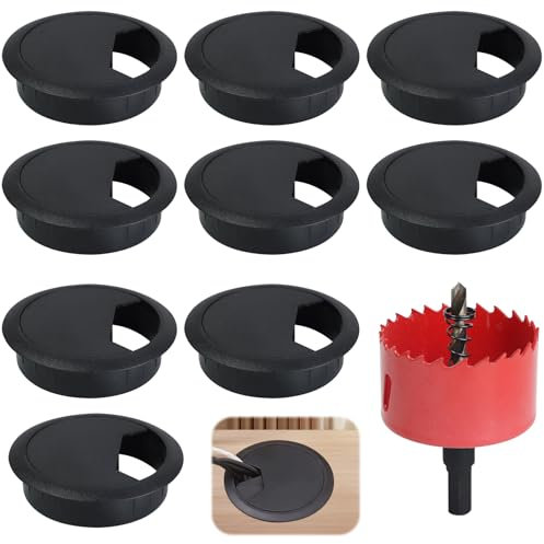 BREANIFULL 9 pièces Passe Cable Bureau avec Scie Cloche 60mm œillets de Bureau Cache-câble pour Câble Rond Couvercle Passe Câble pour La Maison Et Le Bureau Rangements De Câbles (Noir)