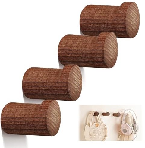 QTMMC 4 Pack Wooden Coat Hooks Wall Mounted Walnut Wood Hooks Entryway Hat Rack Decorative Wall Hooks Heavy Duty Hangers Single Organizer for Hanging Coats Jackets Clothes Towels Bags Hallway Bedroom
