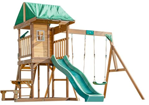 DOLPHIN PLAYGROUND T Wooden Swing and Slide Set for Backyard, Kids Swing Set with Picnic Table, Play House for Kids Outdoors with Slide 2 Swings Climbing Wall, Kids Outdoor Play Equipment for Ages 3+