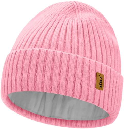 ATNKE Maglia Beanie Cappello per Uomo e Donna, Inverno Morbido con Risvolto Lana Elasticizzato Spesso Caldo Pile Foderato Teschio Berretto Quotidiani Regali/Pink