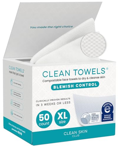 Clean Skin Club Salviette XL™ Blemish Control – Salviette viso 100% Biobased USDA, monouso, approvate dall’Eczema Association, struccanti a secco ultra morbide (50 pezzi, 1 confezione)