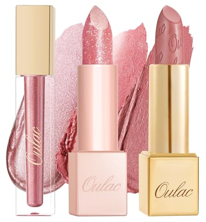 OULAC Pink Nude Metallic Lip Gloss Kit – Shimmer & High Pigment, Long Lasting Moisture Lip Gloss Set, Creamy Texture & Hydrating with Shea Butter, Vegan & Clean Beauty Formula MD04+PG03+MSD13(3pcs)