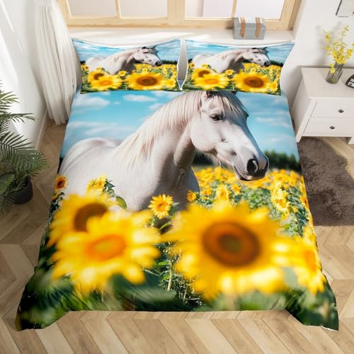 Homewish Set di biancheria da letto con copripiumino 3D con cavallo bianco, super king size, motivo: fattoria, animali selvatici e natura, stile rustico, per donne e uomini
