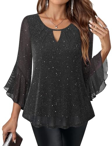 VALOLIA Sparkly Tops for Women: 3/4 Sleeve Glitter Sequin Shiny - Ladies Tops and Blouses - Dressy Tops for Womens for Evening Party Wedding Pleated V Neck Soft Flowy Shirts for Night Out Black XL