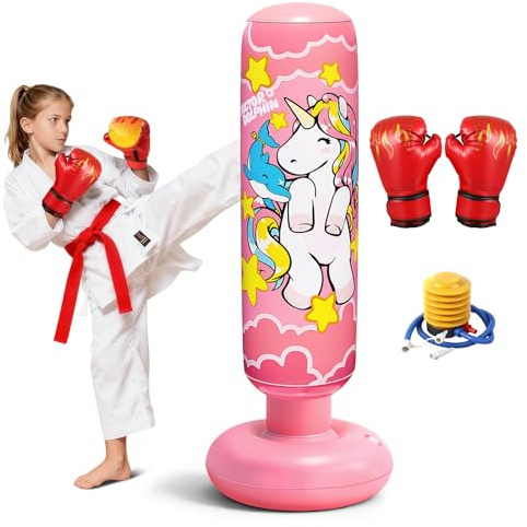 Flintronic Saco De Boxeo Niños, 47'' (120cm) Bolsa de Boxeo Inflable de Pie con Guantes, Hinchable Set de Boxeo para Karate Kickboxing MMA, Regalo Ideal para Niños y Niñas de 3-10 años