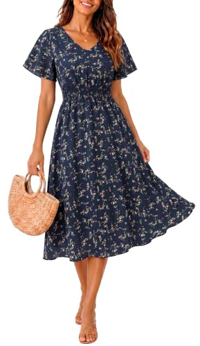 Timormode Summer Dresses for Women UK 2026 Floral V-Neck Short Sleeve Midi Dress Flowy Pleated Waist Casual Beach Dress