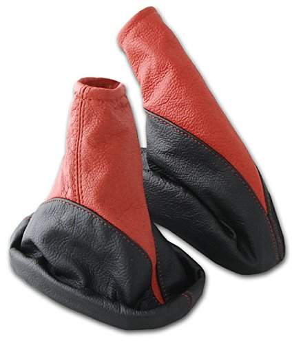 L & P Car Design L&P A099-2 Set Schaltsack Schaltmanschette + Handbremsmanschette 100% Echtleder Leder Schwarz - Rot Ersatzteil für Opel Astra G