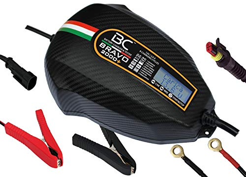 Battery ControllerBRAVO 2000+ Caricabatterie/Mantenitore Intelligente 2 Ampere per Batterie 12V Piombo-Acido, dotato di Tester di Batteria e Alternatore, adatto per Moto, Scooter e Auto fino a 100Ah