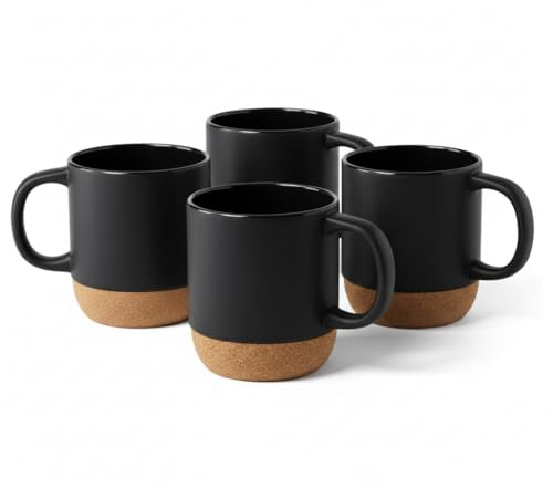 FUN FAN LINE Pack 4 Tazas de Café Grandes de Cerámica con Antigolpe - Negro
