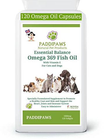 PADDIPAWS High Strength Omega Fish Oil for Dogs - 120 Softgel Capsules of Omega 3 for Dogs and Cats - Omega 3 6 9 with essential acids EPA and DHA. Dry Skin, Stiff Joints, Allergies, Hips.