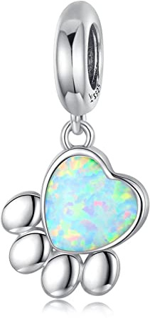 Qings amuletos con estampado de pata de mascota Perla de huella linda Colgante de ópalo en forma de corazón Plata de ley 925 Chapado en platino para pulsera Collar Regalo para mujeres Niñas