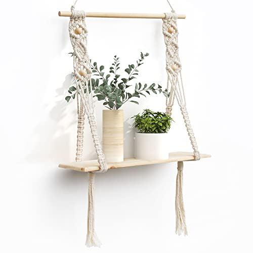 SUMGAR Wandregal Holz Makramee Wandbehang Regal Wand Boho Deko Schweberegal Quaste Handgewebte Natürliches Treibholz Hängeregal Chic Schwimmende Regale Für Wohnzimmer Schlafzimmer Badezimmer