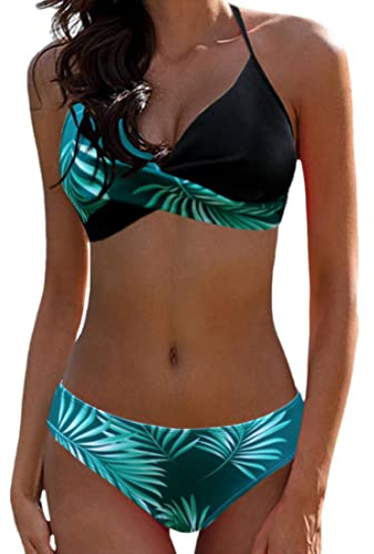 Bikini Elegante Traje de Baño Conjunto Bañador Halter Sexy Sólido para Mujer Ropa de Playa Traje de Baño Bikini Sets Talla Grande（Negro + Hojas Verdes,S）