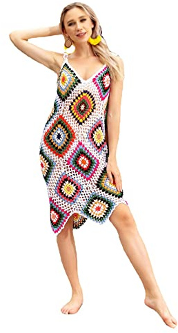 BOUTIKS Women's Bikini Cover Up Handmade Crochet Beach Dress with Fringe Hollow Pattern Summer Hollowed Beach Tassels Cover Up, multicoloured, One Size