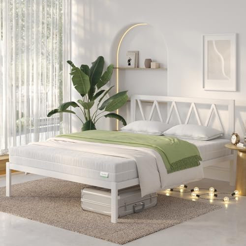Novilla Cadre de lit Plateforme en métal pour Matelas de 140 x 190 cm, Hauteur de Rangement sous Le lit 30.5cm, Support à Lattes en Bois, Pas Besoin de sommier, Assemblage Facile, Blanc
