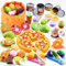 DawnReach Kinderküche Spielküche Zubehör Set mit 66 Teilen, Pizza, Obst und Gemüse Spielzeug zum Schneiden, Rollenspiele Kinder Küchenzubehör Geschenk für Kinder ab 3 Jahre