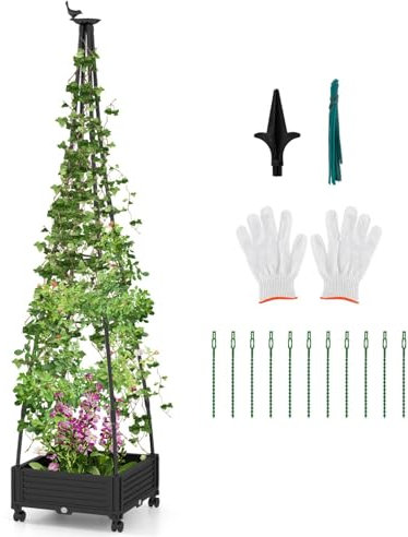COSTWAY Rolling Garden Planter with Trellis, 206cm Planter Box Obelisk Trellis with Self-Drainage System, Wheels & Gloves, Metal Trellis Plant Supports Tower for Vine Fruits Tomato Rose