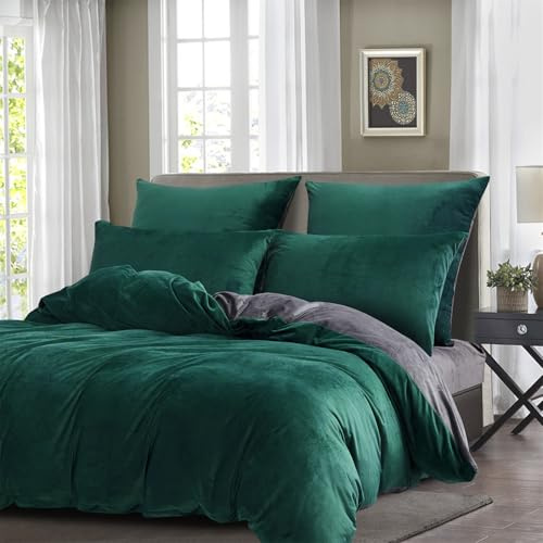 Gezu Copripiumino Invernale 200x200cm Verde e Grigio, Flanella in Velluto Doppio Strato, Spesso e Caldo, Set Copripiumino per Adulti, Biancheria da Letto per 2 Persone con 2 Federe 65x65cm con